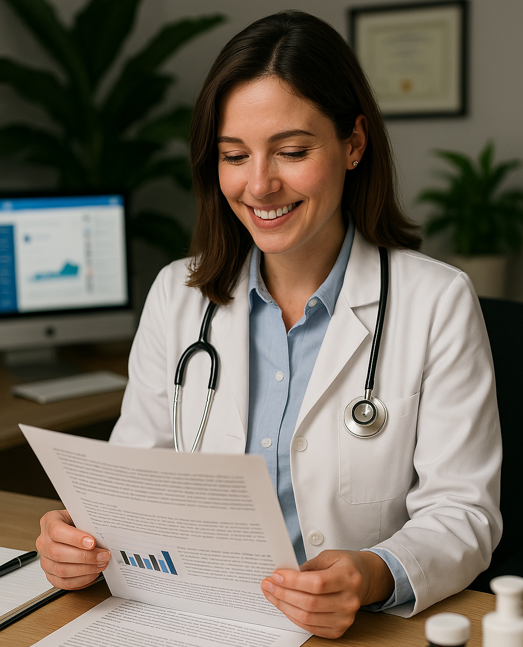 Médica satisfeita com resultados do marketing digital